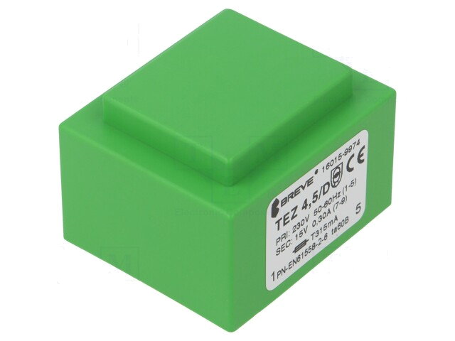 Transformator: ingegoten; 4,5VA; 230VAC; 15V; 300mA; PCB; IP00; TEZ Transformator: ingegoten; 4,5VA; 230VAC; 15V; 300mA; PCB; IP00; TEZ
